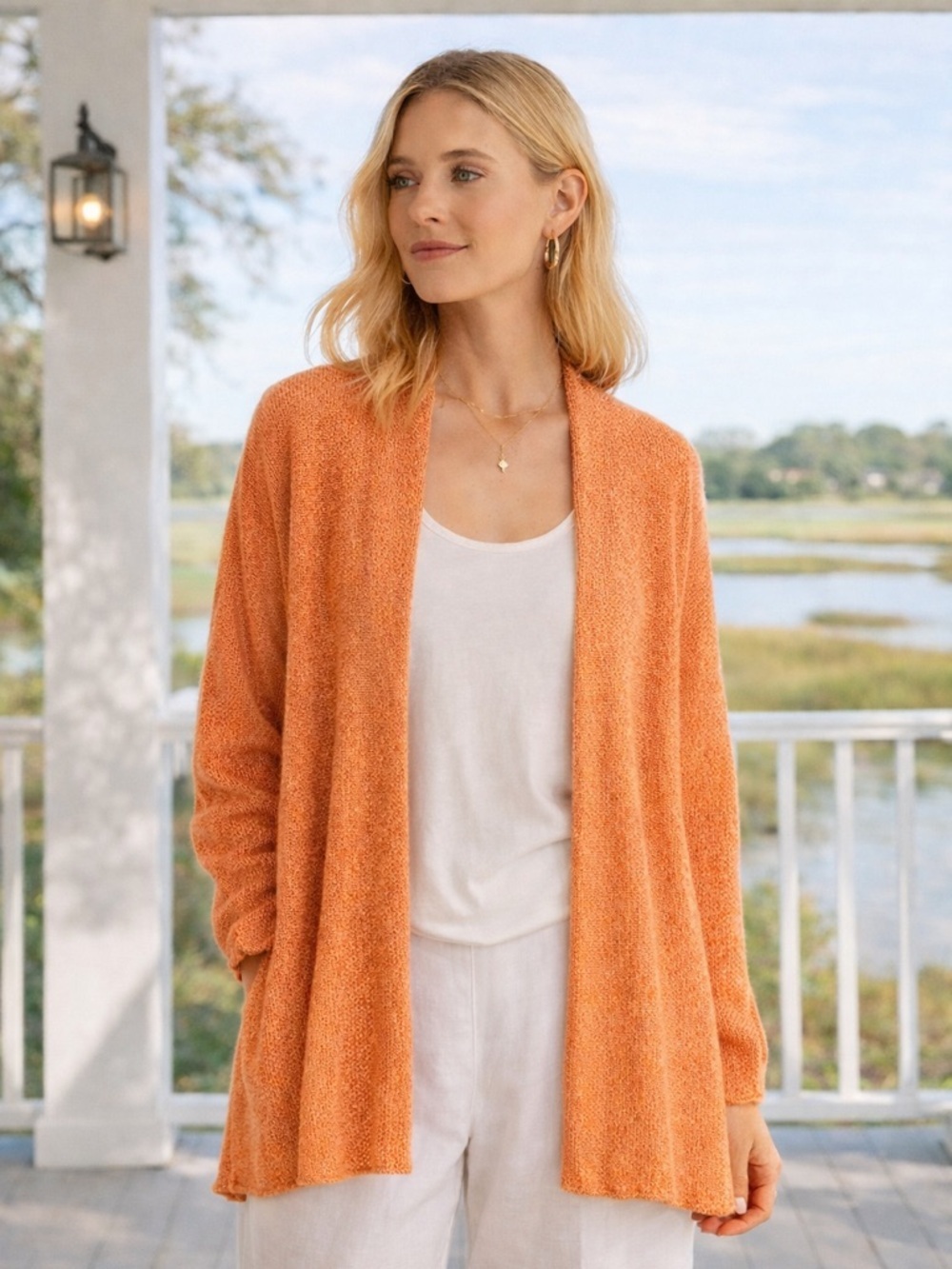 Eileen Fisher Open Knit Linen Cardigan Orange Plus Size 2X